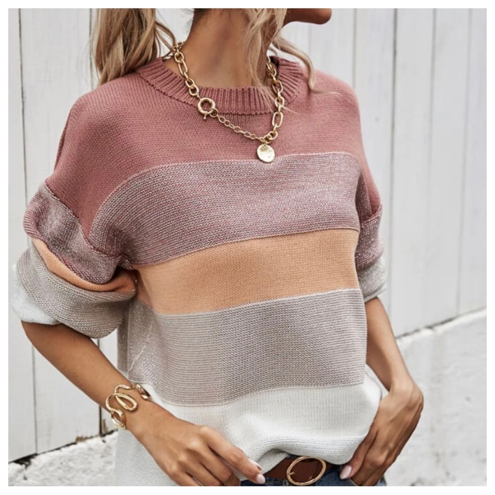 ShopEvelynne Women's Color Block Sweater - Pink, Peach, Gray, White